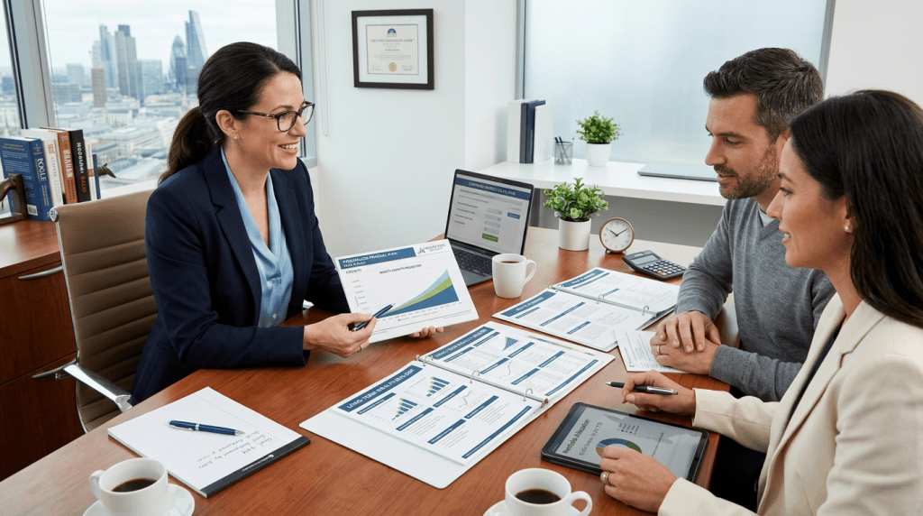 Financial adviser presenting charts to two clients at an office table
